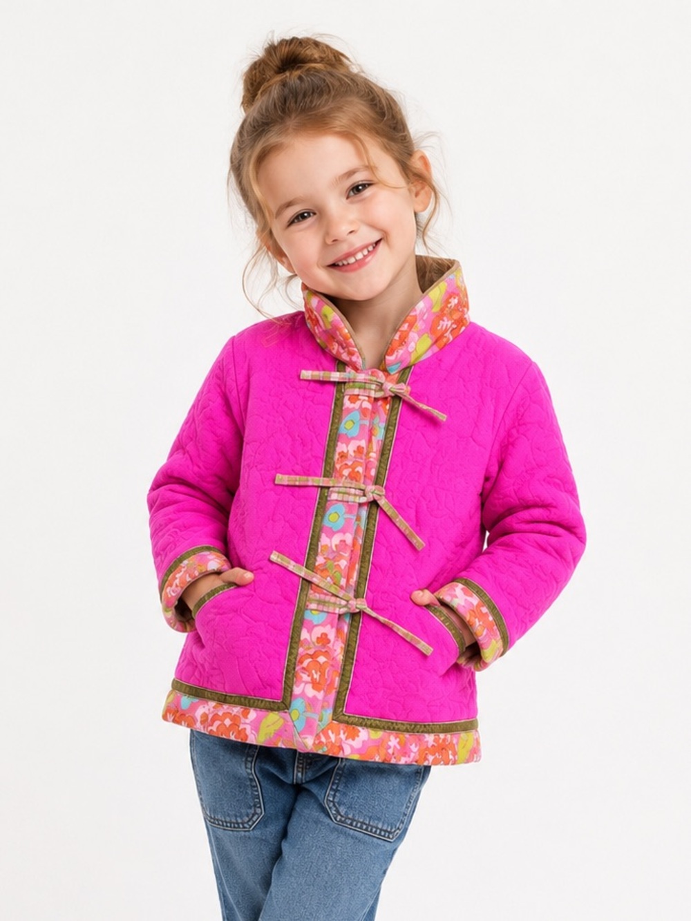 Room seven girls quilted pink jacket size 4 color block floral wool colorful